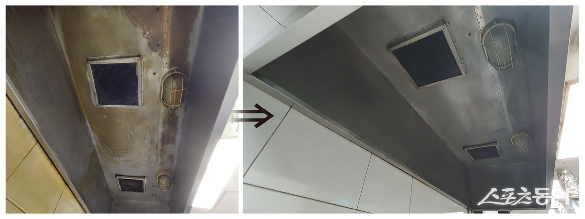 성남지역 음식점 내 주방 후드 청소 전후 비교 모습. 사진제공ㅣ성남시