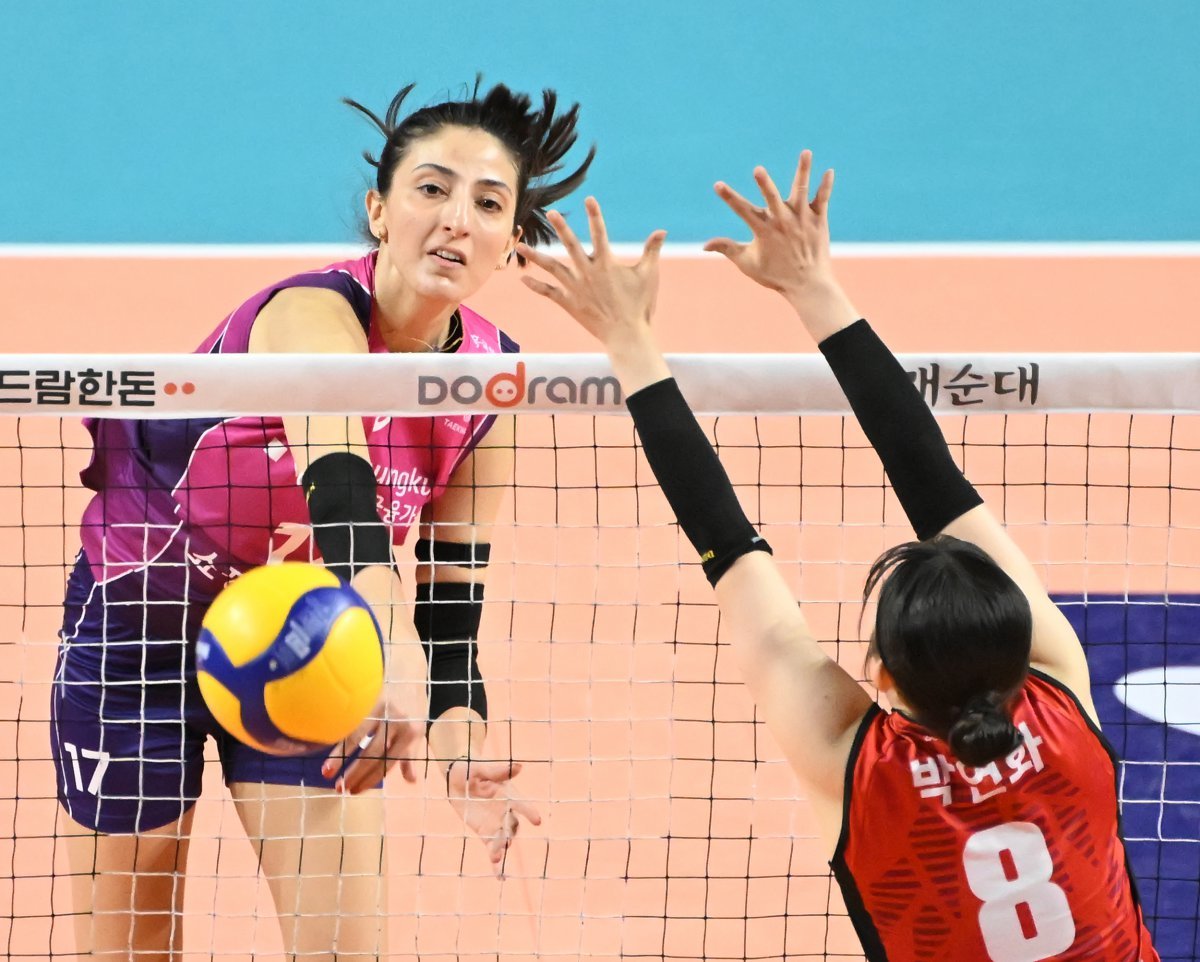부상을 털고 돌아온 흥국생명 외국인 공격수 투트쿠(왼쪽)가 9일 인천삼산월드체육관에서 열린 V리그 여자부 홈경기에서 페퍼저축은행의 블로킹을 피해 강한 스파이크 공격을 하고 있다. 사진제공|KOVO