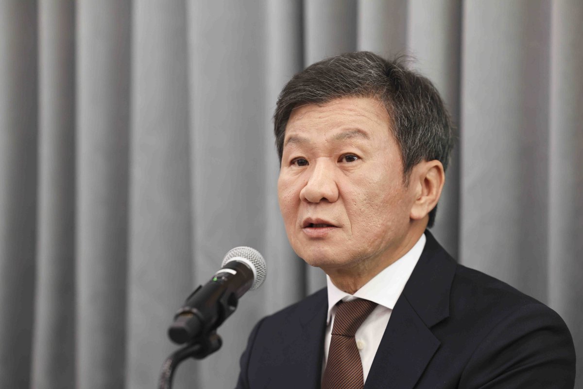 4연임에 도전하는 정몽규 KFA 회장이 11일 기자간담회에서 발언하고 있다. 뉴시스