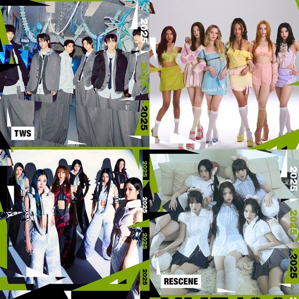 그룹 투어스, 캣츠아이, 리센느, 배드빌런(왼쪽 위부터 시계방향으로)이 영국 NME가 선정한 ‘2025 에센셜 이머징 아티스트 100’에 선정됐다. 사진출처|NME 공식 홈페이지