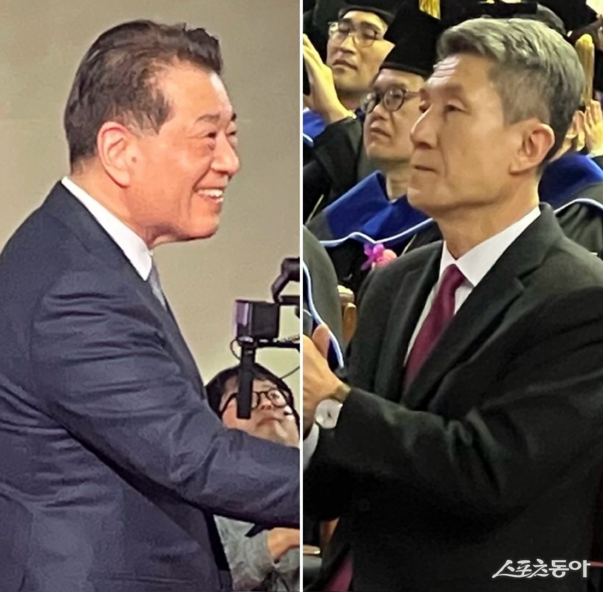 지난 7일 포스텍 졸업식장을 찾은 장인화 포스코그룹 회장(왼쪽)과 이강덕 포항시장. 사진ㅣ정다원 기자