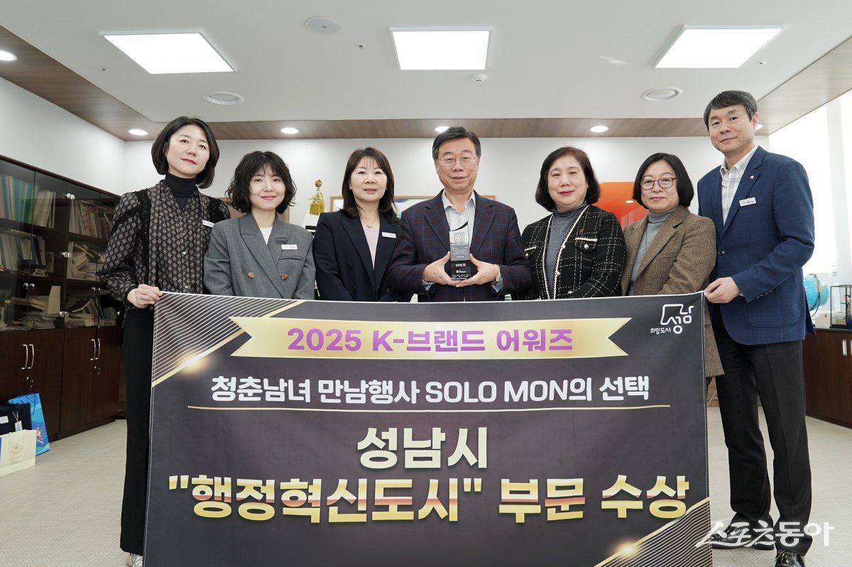 신상진 시장(윈쪽 네번째)이 19일 서울 더플라자호텔 그랜드볼룸에서 열린 ‘2025 K브랜드 어워즈’ 시상식에서 행정혁신도시 부문을 수상 받고 있다. 사진제공ㅣ성남시