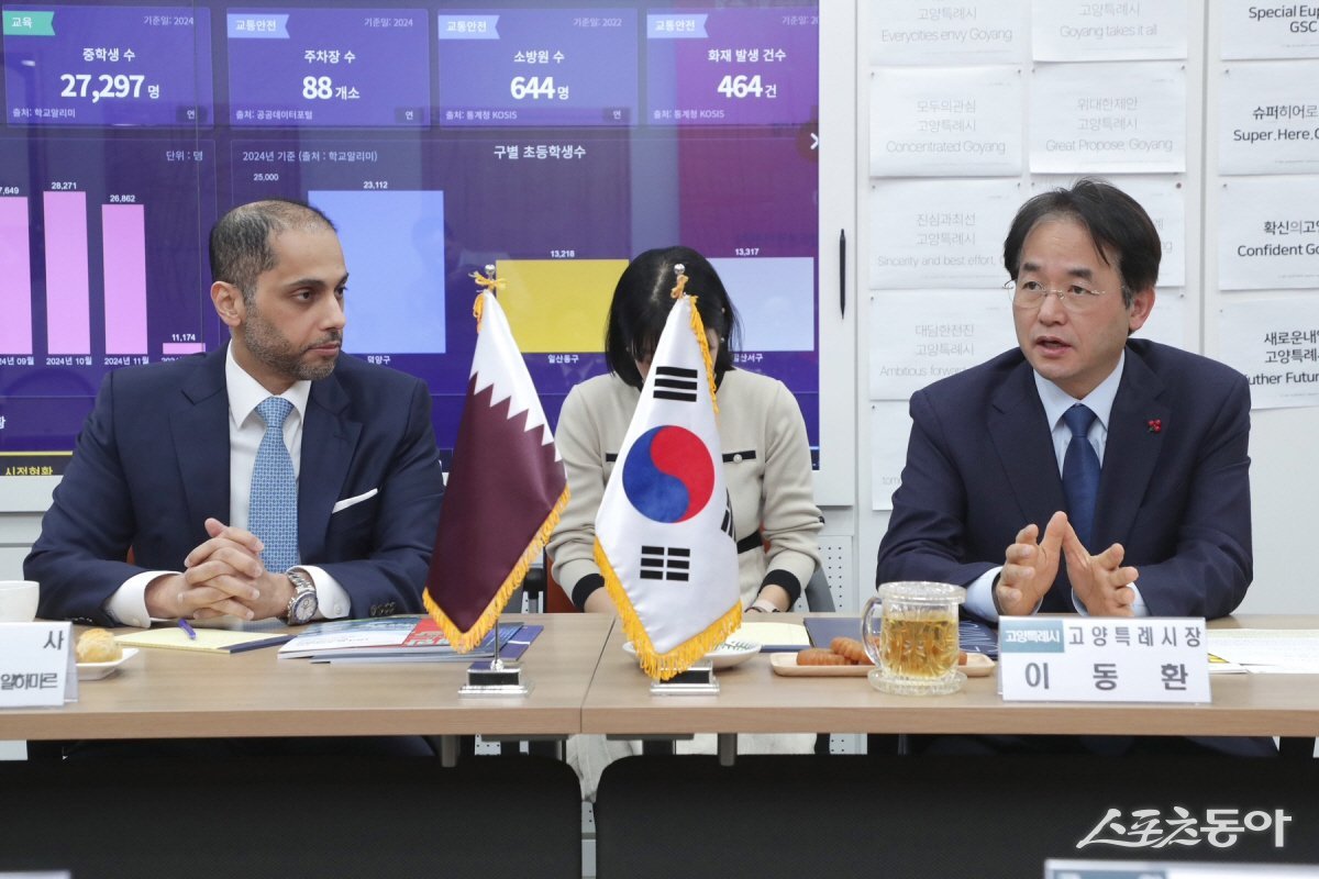 이동환 고양특례시장(오른쪽)이 칼리드 빈 이브라힘 알하마르 주한 카타르 대사(오른쪽)를 접견하고 양국의 협력 관계 발전 방안을 논의하고 있다.  사진제공ㅣ고양시