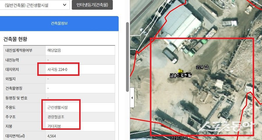 안성시 사곡동 224번지 일대에서 K산업개발이 운영하는 건축폐기물중간처리장(건축물대장 근린시설). 사진제공｜경기도