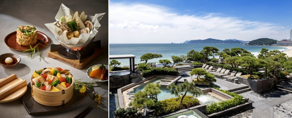 인천 영종도 파라다이스시티 일식당 ‘라쿠’의 ‘스프링 셰프 스페셜’ 런치 메뉴(왼쪽)과 해운대  파라다이스 호텔 부산의 야외 온천 ‘씨메르’                           사진제공｜파라다이스 호텔앤리조트