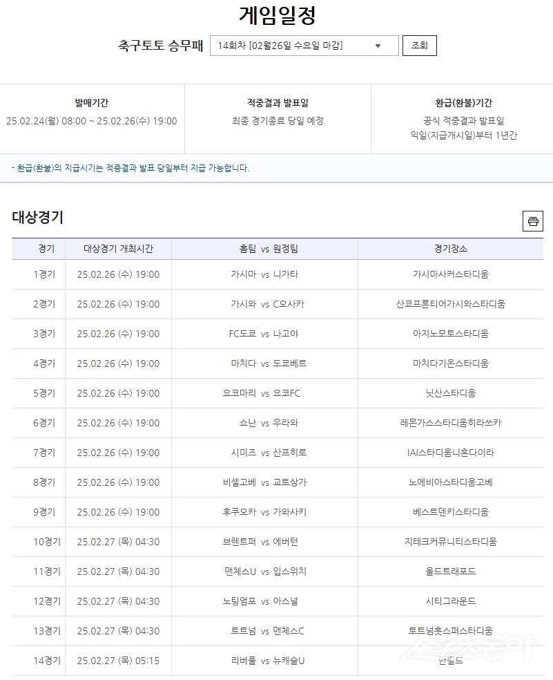 축구토토 승무패 14회차 대상경기