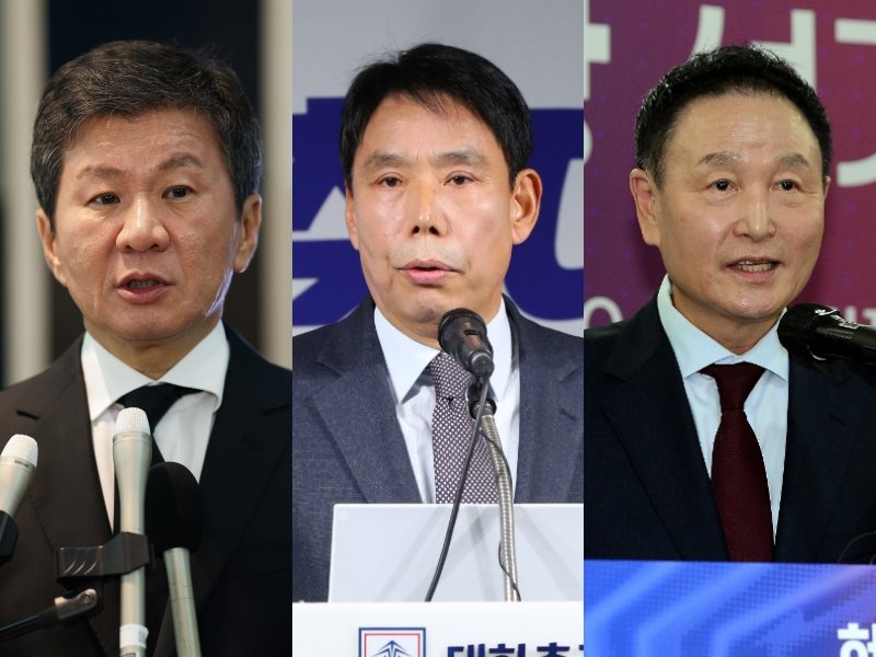 정몽규 회장과 신문선 교수, 허정무 전 대표팀 감독(왼쪽부터)은 26일 서울 종로구 축구회관에서 진행될 제55대 KFA 회장 선거에서 경쟁한다. 스포츠동아DB·뉴시스, 사진제공|대한축구협회