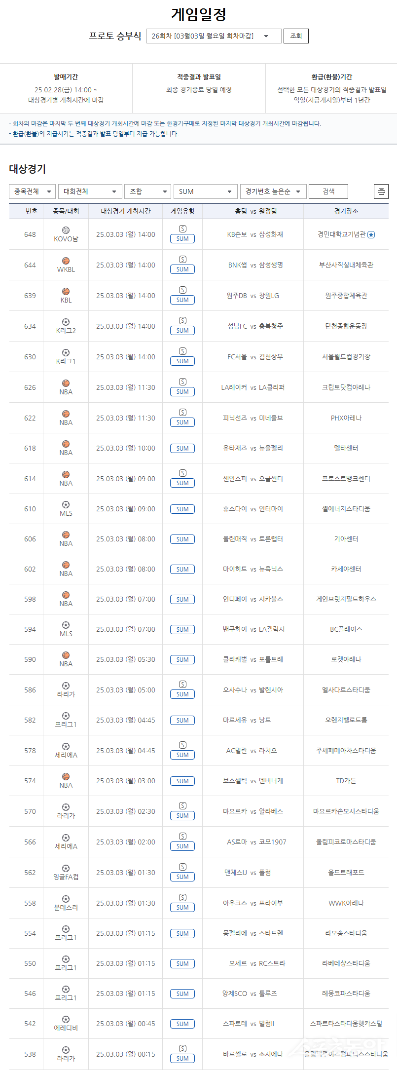 스포츠토토 프로토 승부식 26회차 SUM 유형 대상경기