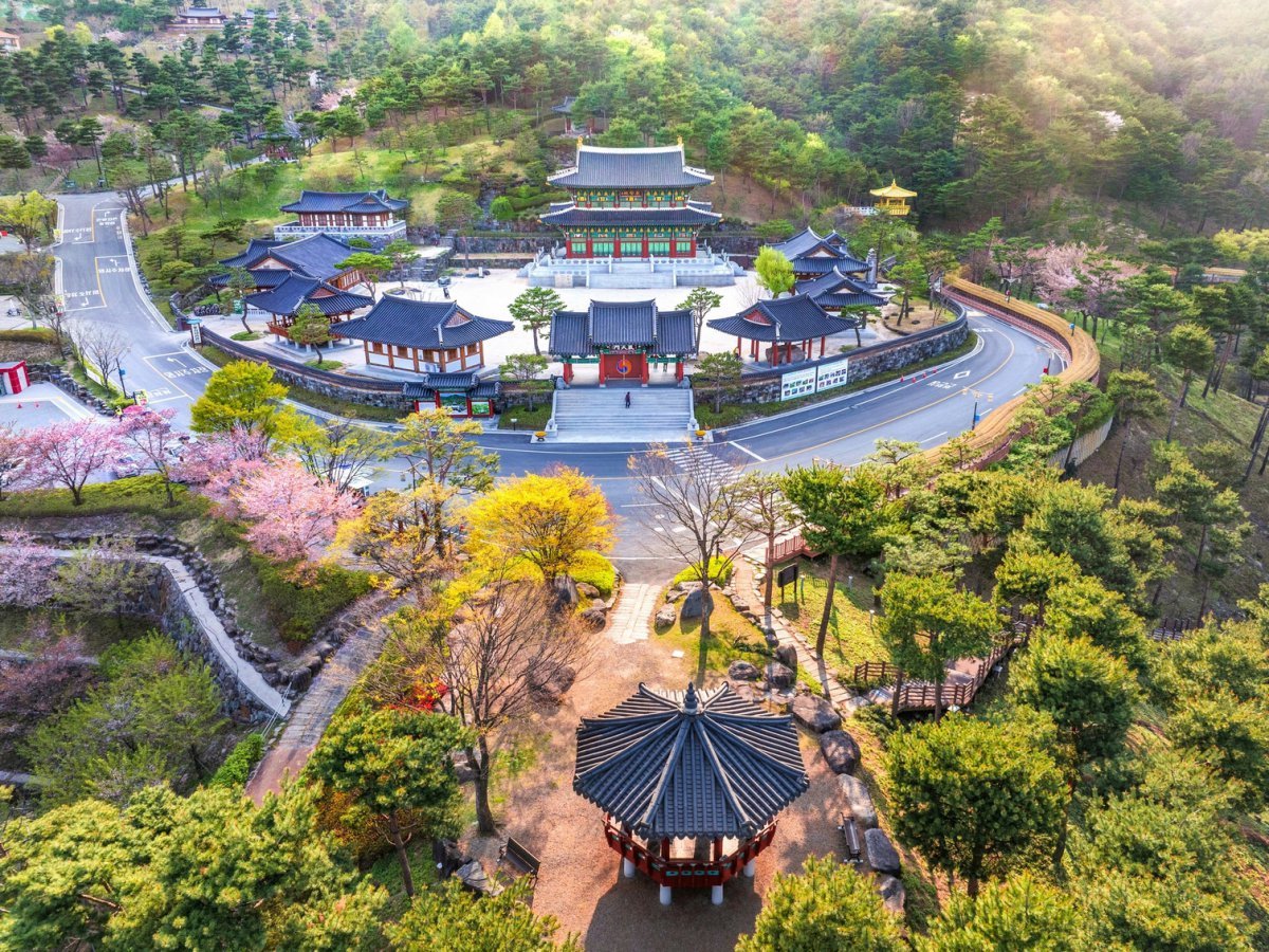 나무에 피어난 고운 신록과 연분홍 꽃이 조화를 이룬 산청 동의보감촌   사진제공｜산청군