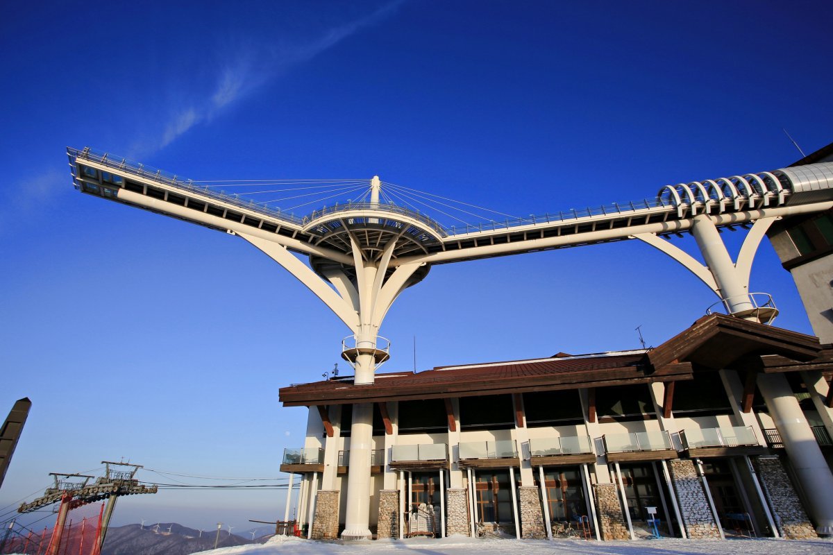 대관령 발왕산 정상부에 있는 전망대 스카이워크. 우리나라에서 가장 높은 곳에 있는 야외 전망대로 모나용평 스키장에서 케이블카로 갈 수 있다         사진제공｜한국관광공사