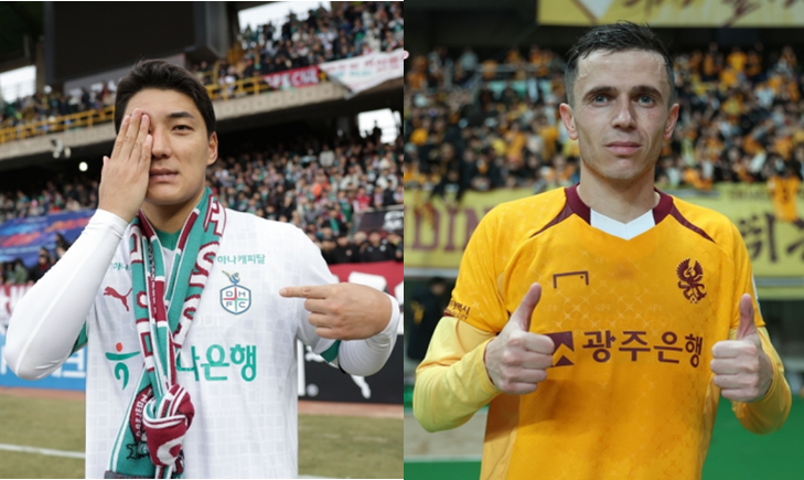 대전하나 주민규(왼쪽)와 광주 아사니는 3라운드까지 치른 이번 시즌 K리그1에서 나란히 3골씩을 터트리며 득점 부문 공동 선두에 올라있다. 사진제공|한국프로축구연맹