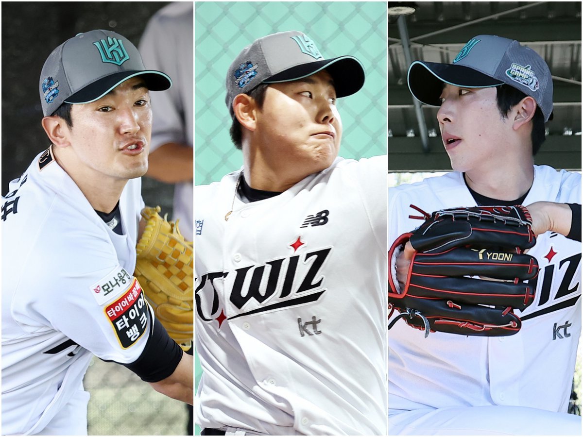 KT는 국내 선발투수가 마르지 않는 팀이다. 고영표, 소형준, 오원석(왼쪽부터)이 호주 질롱 1차 스프링캠프 도중 불펜피칭을 하고 있다. 사진제공|KT 위즈