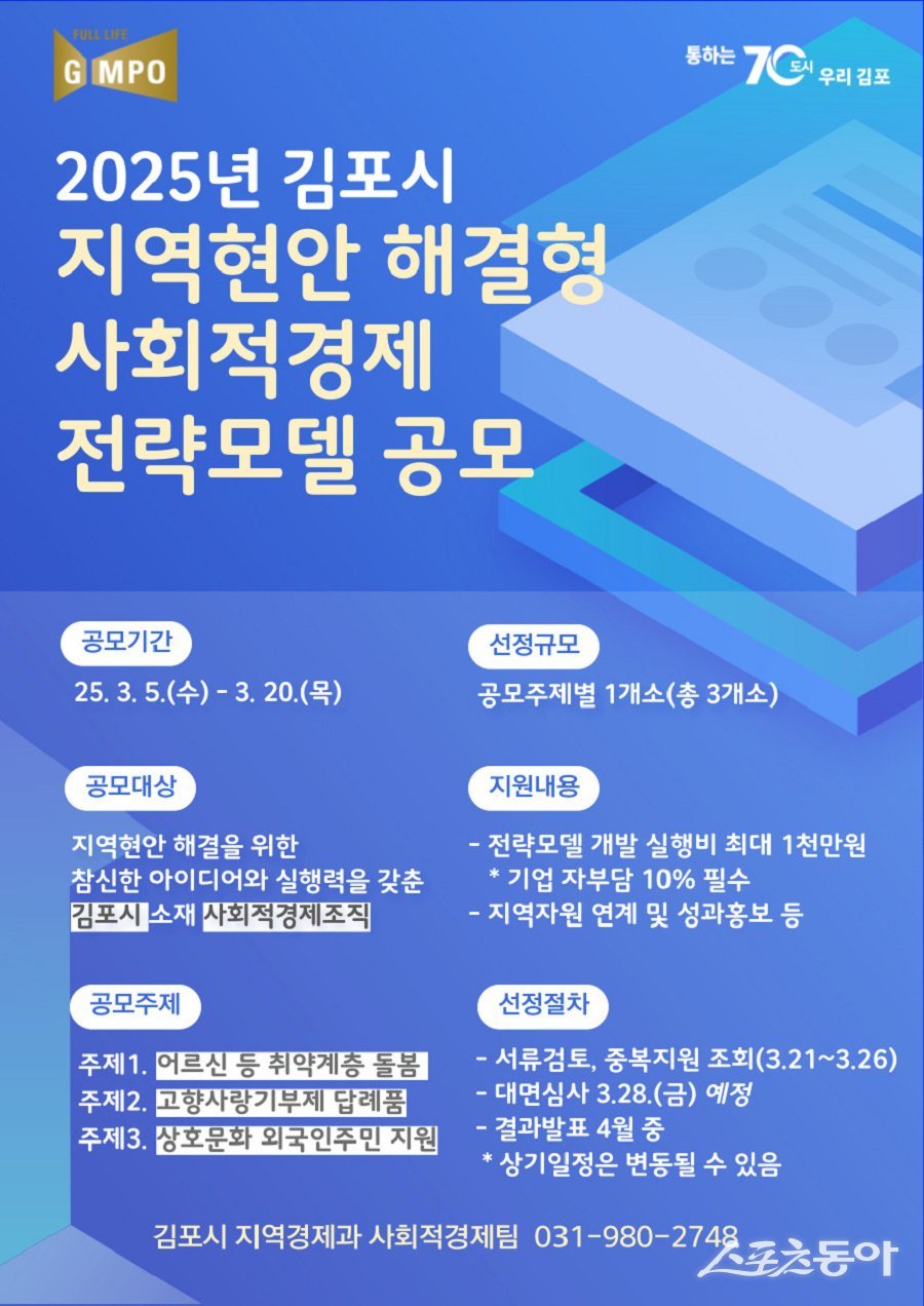 김포시가 지역현안 해결형 사회적경제 전략모델 공모를 실시한다. 사진제공｜김포시청