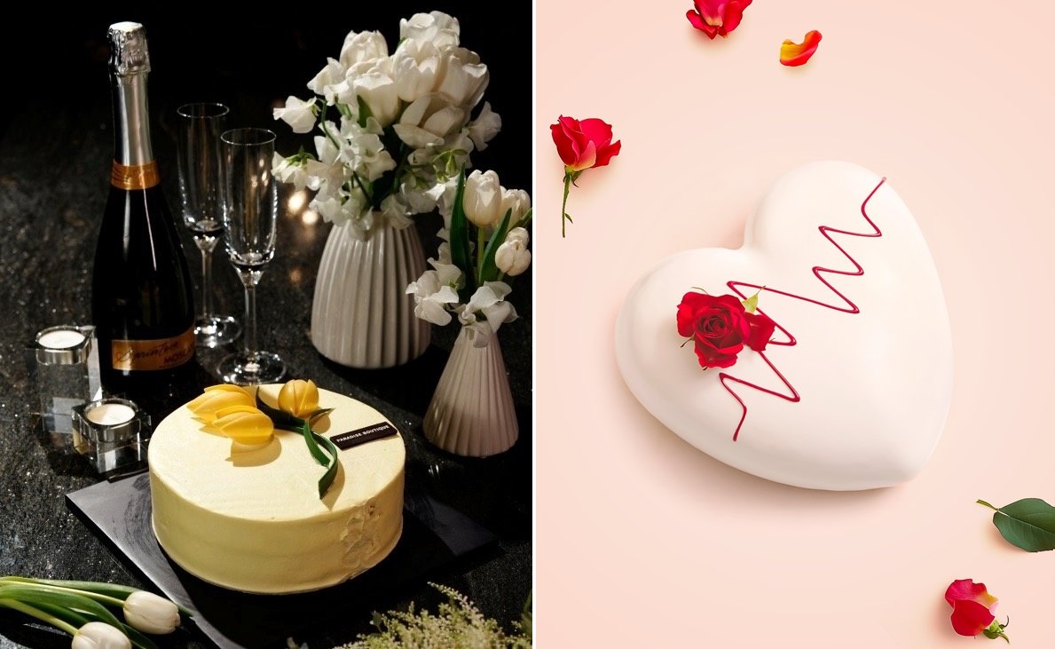 파라다이스시티 ’누텔라 바나나 케이크’(왼쪽)과 파라다이스호텔 부산의 ’하트 시그널 케이크’ 사진제공|파라다이스 호텔앤리조트