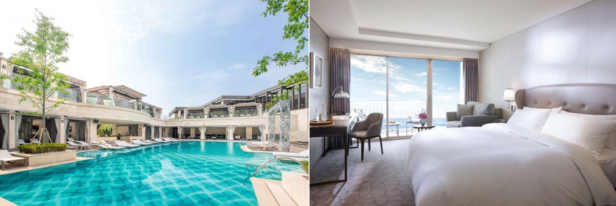 파라다이스시티 아웃도어풀’(왼쪽)과 파라다이스 호텔 부산의 디럭스 오션 테라스 객실 사진제공|파라다이스 호텔앤리조트