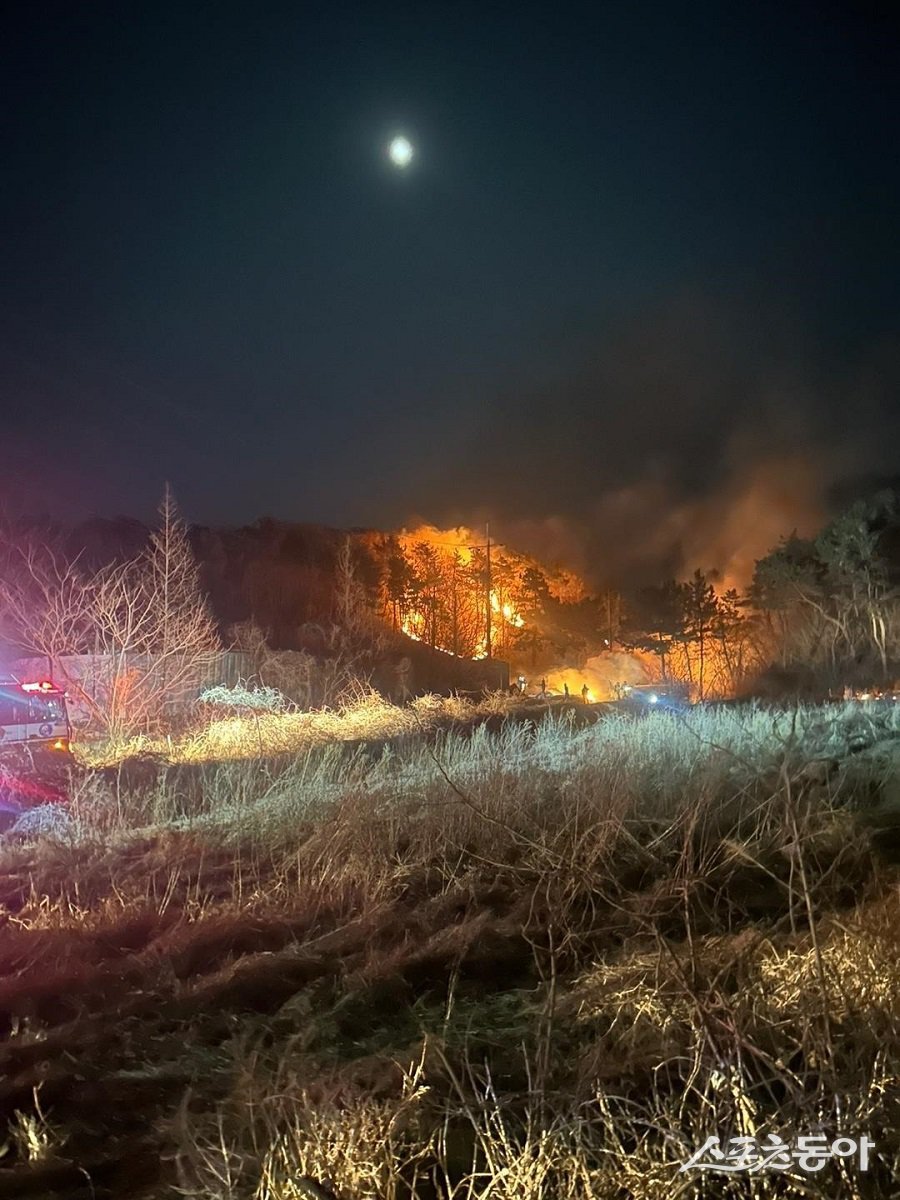 옹진군(군수 문경복)은 지난 15일 밤, 백령면 진촌리 한 야산에서 발생한 야간산불을 4시간 15분 만에 완전 진화했다고 밝혔다. 사진제공｜옹진군청