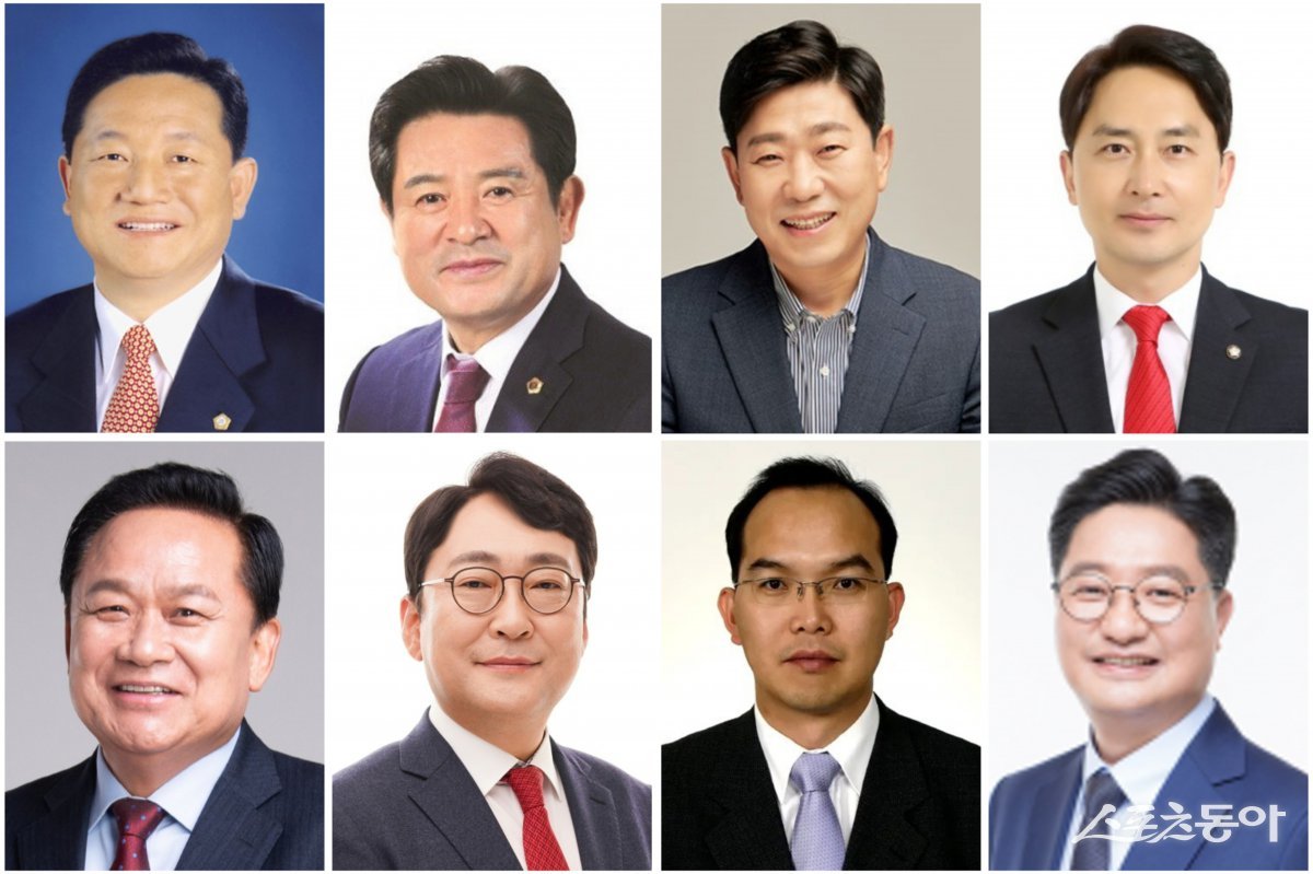 내년 6월 지방선거에 자천타천 포항시장 출마자로 거론되는  후보들. 왼쪽 위에서 시계방향으로 공원식, 이칠구, 박용선, 김병욱, 문충운, 윤종진, 최용규, 김순견. 사진제공ㅣ스포츠동아 DB