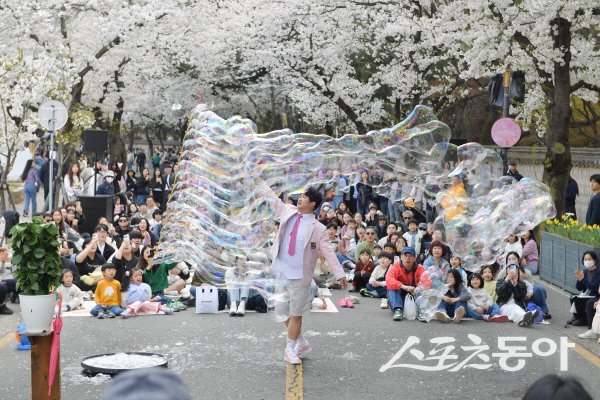 경주 대릉원돌담길 축제 버블퍼포먼스를 시민들과 관광객이 즐기고 있다. 사진제공 ㅣ 경주시