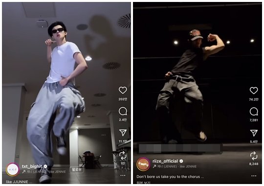 일명 ‘제니 초식 경쟁’엔 남성 아이돌이 대거 출사표를 내밀어 화제를 모으고 있다. ‘챌린지 황제’로 첫손 꼽히는 투모로우바이투게더 멤버 연준(왼쪽), 5세대 아이돌 가운데 ‘넘사벽 퍼포먼스’라 지목돼온 라이즈 멤버 쇼타로 사진제공|투모로우바이투게더·라이즈 SNS 캡처