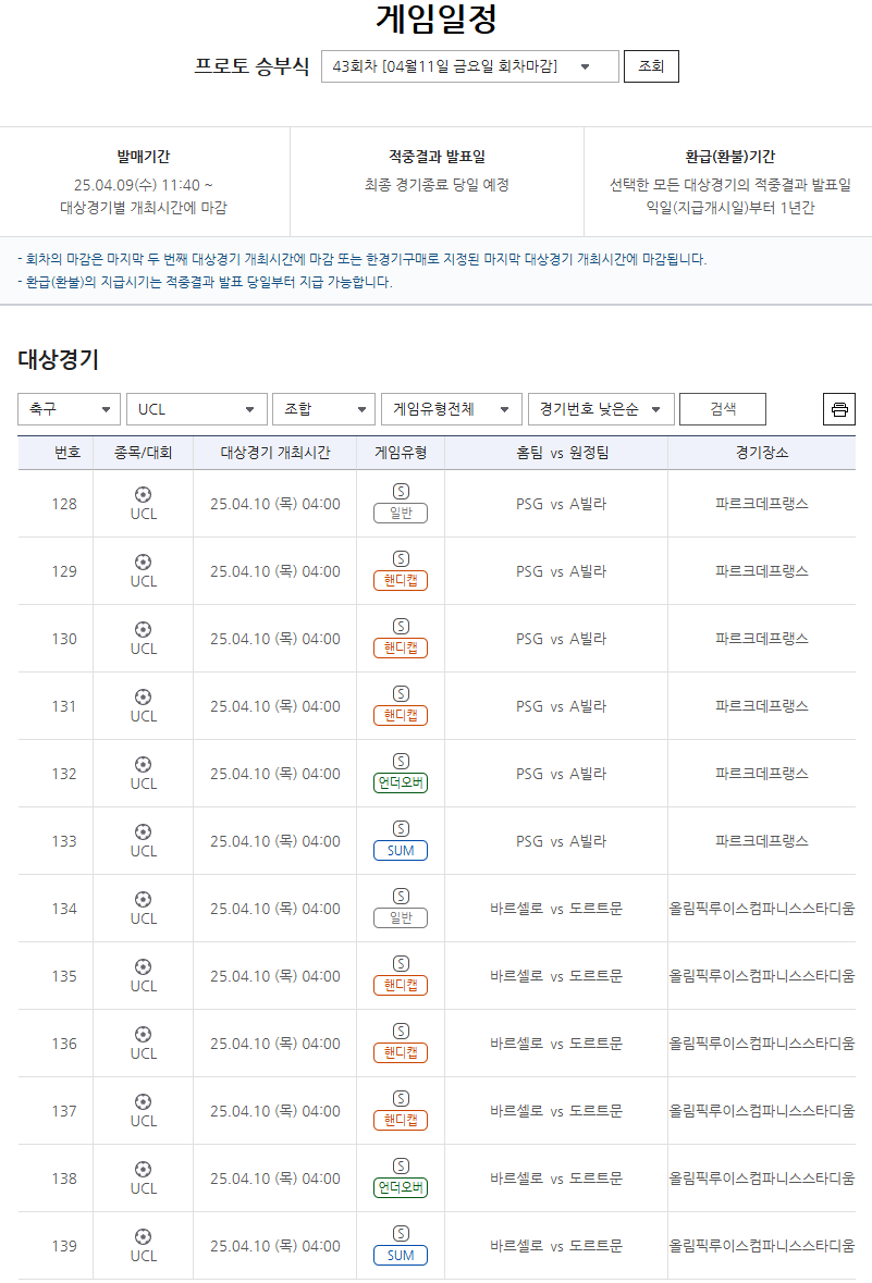 프로토 승부식 43회차 챔피언스리그 대상 경기 및 게임 정보