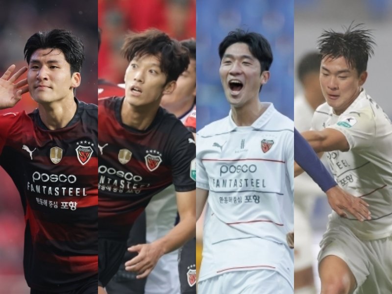 포항 조상혁, 강현제, 한현서, 강민준(왼쪽부터) 등 프로 3년차 이하 영건들이 최근 팀의 상승세를 이끌고 있다. 사진제공｜한국프로축구연맹