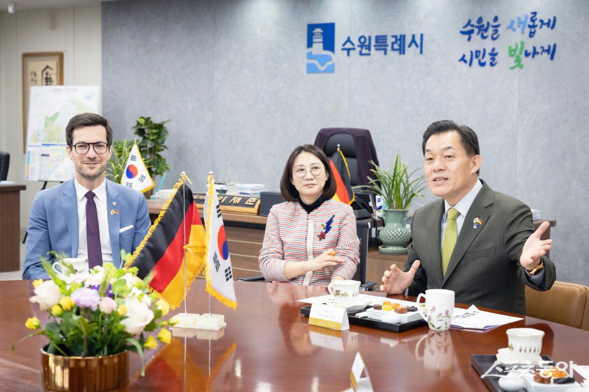 이재준 시장과 마르틴 호른 시장이 환담하고 있다. 사진제공|수원시