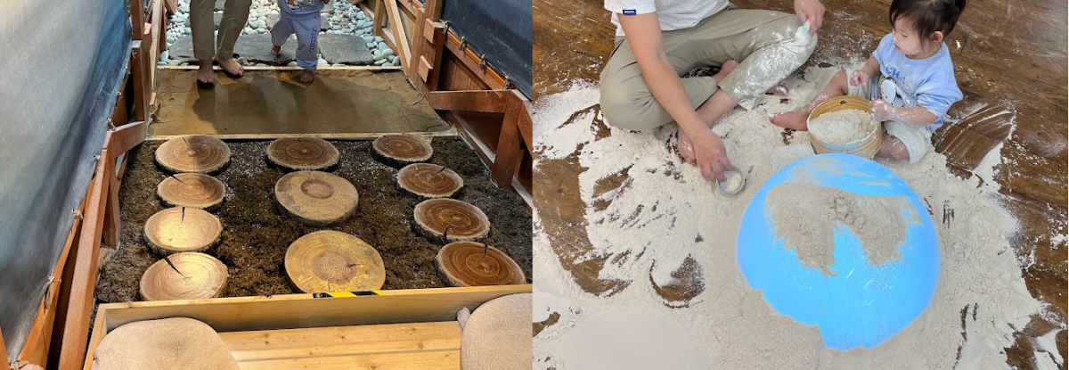 진흙을 밟고, 밀가루에 뒹구르르…. ‘이영란의 감성체험 가루나무모래흙’ 체험 장면.