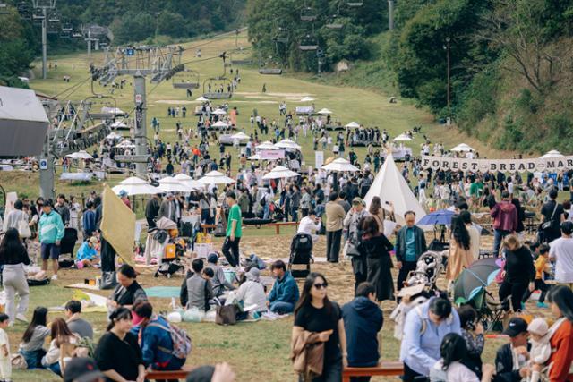 지난해 10월 춘천 엘리시안 강촌에서 진행한 ‘숲속 빵 시장’ 축제. 자연 속에서  빵과 다양한 프로그램을 즐는 가족 축제로 큰 인기를 모아 올해는 5월 25일 상반기 행사를 비롯해 2회나 진행한다            사진제공｜엘리시안 강촌
