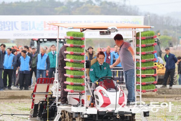 긴하수 청도군수가 올해 첫 모내기 행사에서 직접 모내기 시연을 하고 있다. 사진제공 ㅣ 청도군