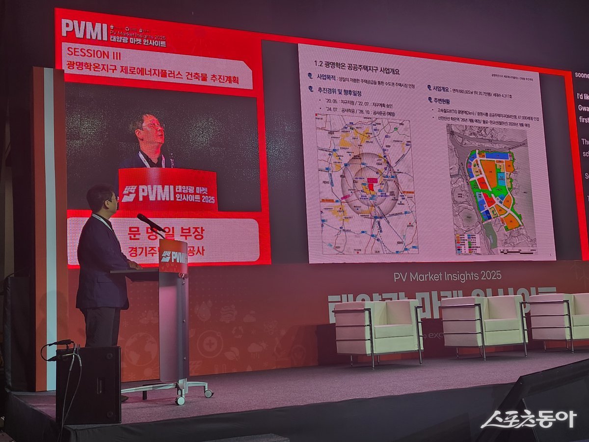 경기주택도시공사(GH)가 지난 23일 대구 엑스코에서 열린 ‘태양광 마켓인사이트(PVMI) 2025’에서 국내 최초로 에너지자립률 200%(RE200)를 실현하는 혁신적인 건축물 추진 계획을 발표했다. 사진제공｜경기주택도시공사
