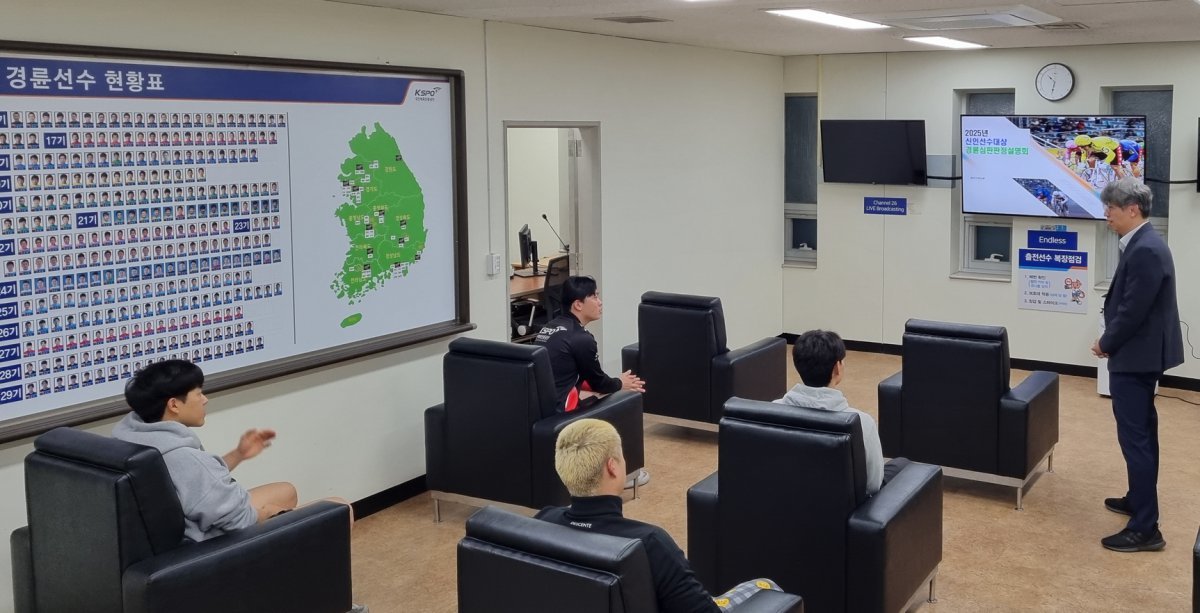 29기 경륜선수들이 심판들에게 판정 규칙에 관해 질의응답을 하고 있다 사진제공|국민체육진흥공단