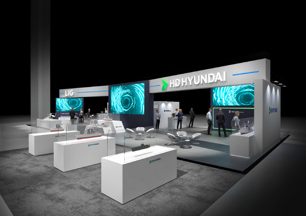 HD현대중공업은 중남미 최대 방산전시회 SITDEF 2025에 참가해 수출용 잠수함과 차세대 호위함을 선보였다. 사진은 HD현대중공업이 마련한 전시관 조감도. 사진제공｜HD현대중공업