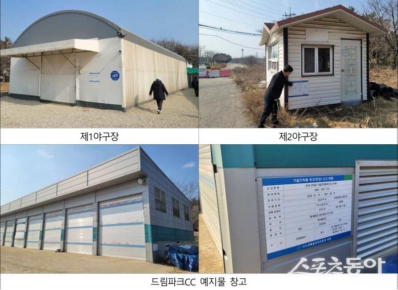 간이체육시설 제1, 2야구장 및 드림파크CC예지물 창고의 가설건축물 신고 현황 표지판의 존치기간, 담당부서 등 현행화 미비 모습. 사진제공|수도권매립지관리공사
