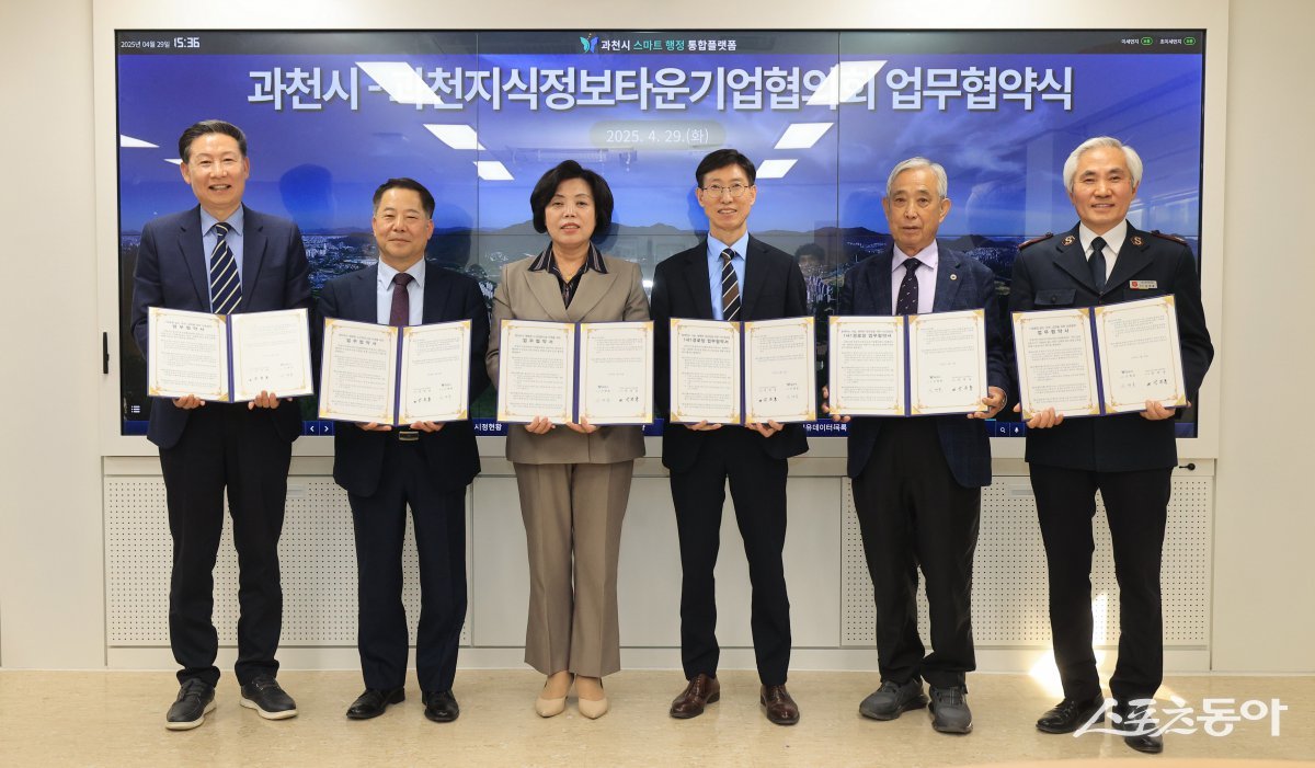 과천시는 지난 29일 시청 시장실에서 과천지식정보타운 기업협의회(회장 정병율)와 지역사회 발전에 기여하기 위한 뜻깊은 업무협약을 체결했다(좌측부터 RFHIC 이관웅실장, 에스아이티 테크놀로지 박규홍 대표, 신계용 과천시장, 서현 정병주 부사장, 대한노인회 과천시지회 강신태 회장, 구세군과천양로원 남세광 시설장). 사진제공|과천시