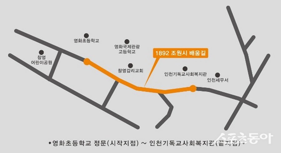 인천 동구, 1892 조원시 배움길(영화초 정문~인천기독교사회복지관)’ 명예도로명을 부여했다. 사진제공｜인천 동구청