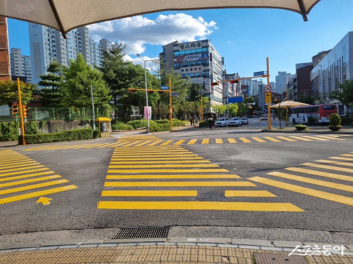 어린이 보호구역을 넘어 도심 전체의 보행안전 확보에도 주력하고 있다(초등학교 앞 노란색 횡단보도). 사진제공｜수원시