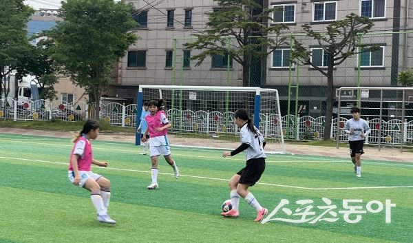 포항항도중학교 여자 축구부와 포항상대초등학교 여자 축구부가 16일 연습 경기를 하고 있는 모습. 사진제공|정다원 기자