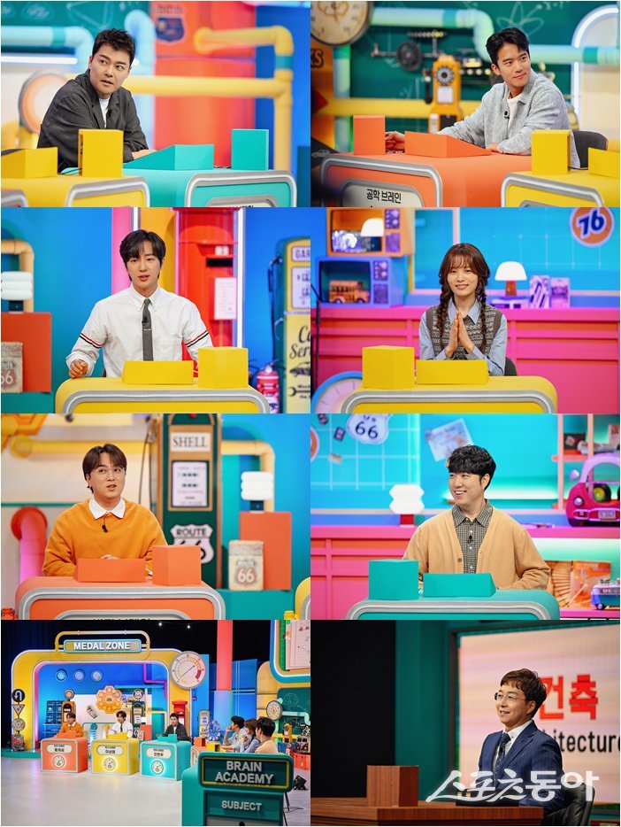 연예계 대표 브레인 전현무, 하석진, 이상엽, 윤소희, 황제성, 궤도 6인방이 채널A의 고품격 퀴즈쇼 ‘브레인 아카데미’로 의기투합한다. 사진제공 | 채널A ‘브레인 아카데미’