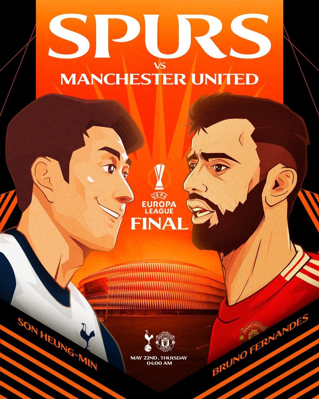 토트넘은 22일(한국시간) 스페인 빌바오 에스타디오 산 마메스에서 열릴 맨유와 2024~2025시즌 UEL 파이널을 앞두고 다양한 사진과 이미지를 활용한 포스터를 제작해 분위기를 띄우고 있다. 토트넘 주장 손흥민(왼쪽)과 맨유 캡틴 브루노 페르난데스의 이미지. 사진출처|토트넘 홋스퍼 페이스북