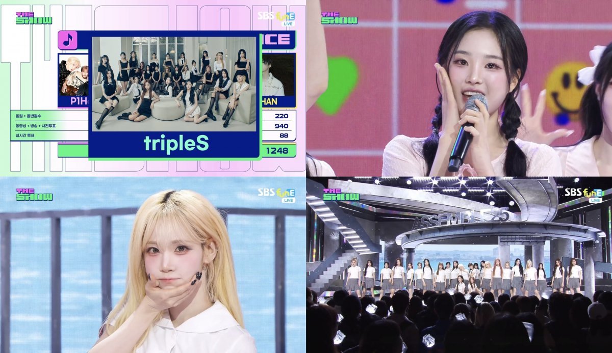 트리플에스는 SBS M ‘더쇼’에서 완전체 새 앨범 ‘ASSEMBLE25’의 타이틀곡 ‘깨어’로 1위를 차지하며 눈물의 트로피를 품에 안았다. 사진제공 | 모드하우스