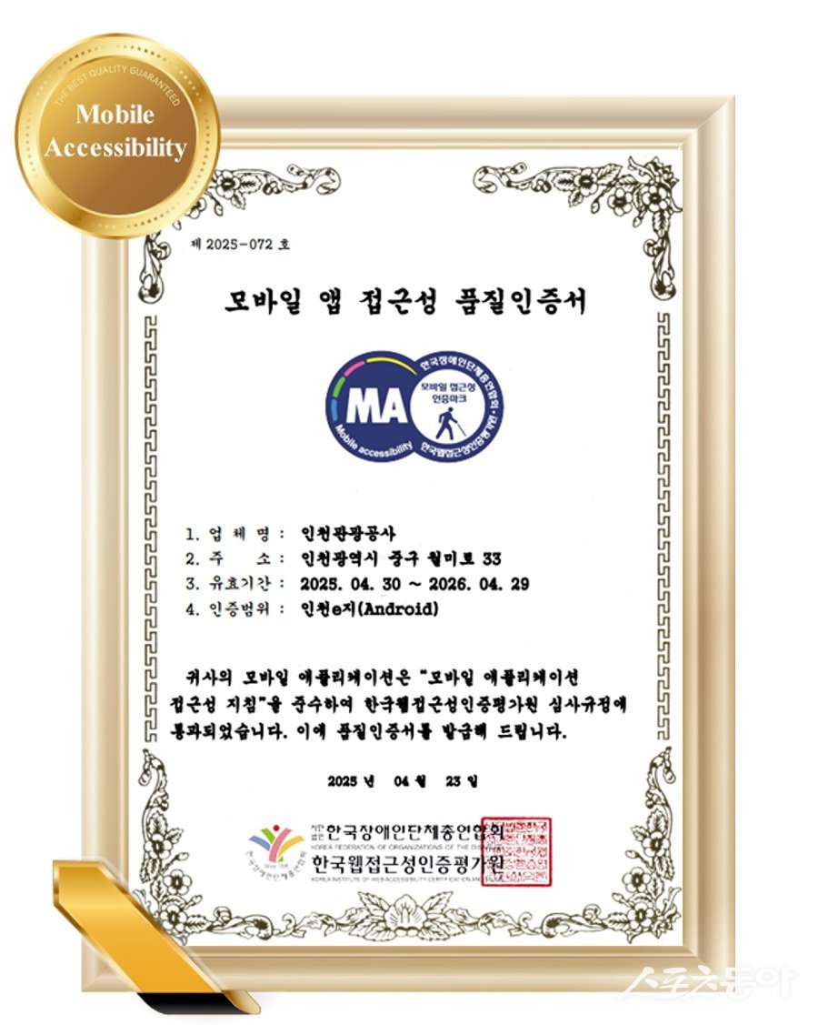 인천관광공사, 모바일 앱 접근성 품질인증서. 사진제공｜인천관광공사