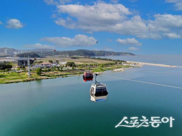 울진군의 대표 체험 관광지인 왕피천공원 케이블카에서 아름다운 하천과 바다를 볼수 있다. 사진제공 ㅣ 울진군