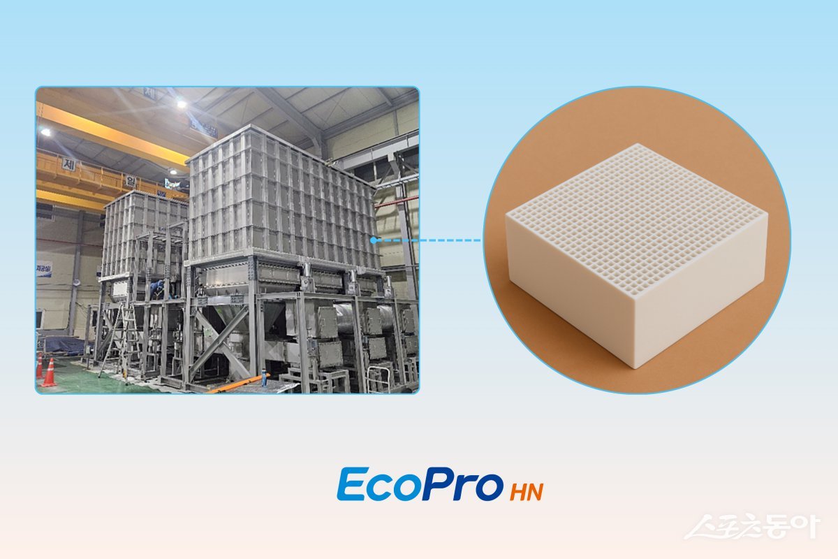 에코프로에이치엔이 개발한 3세대 촉매인 허니컴 촉매를 적용한 PFC 감축 시스템과 벌집 모양의 허니컴 촉매를 확대한 모습. 사진제공ㅣ에코프로