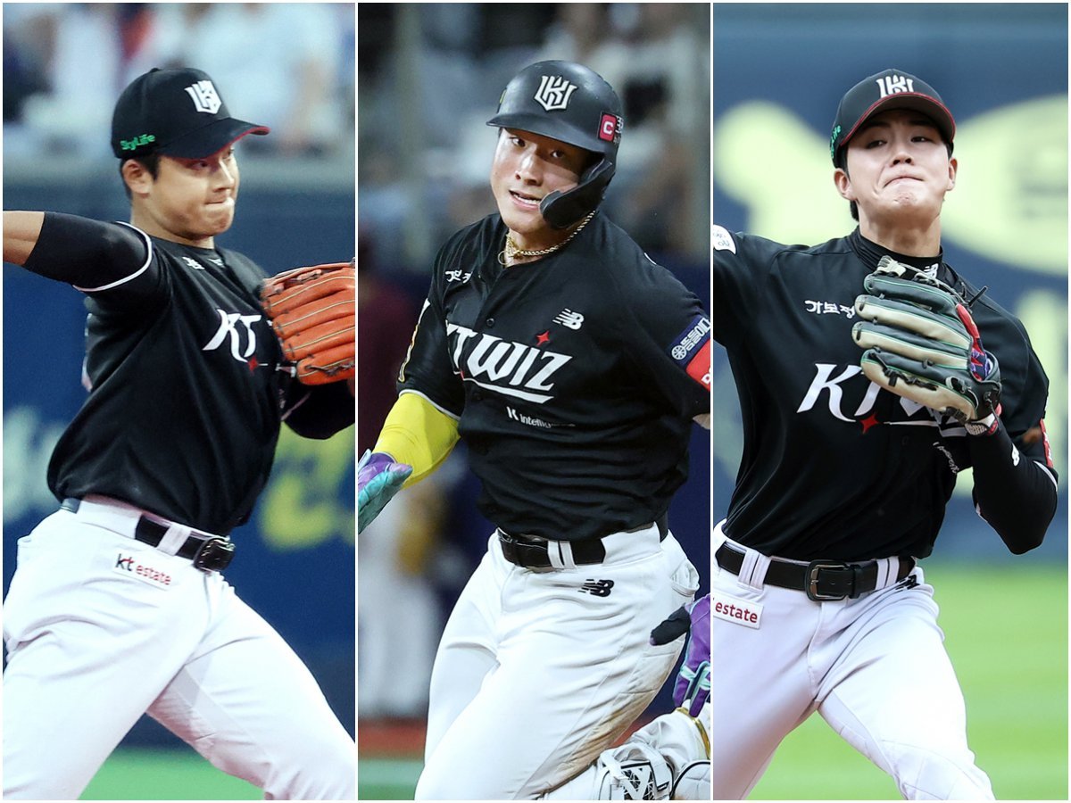 이강철 KT 감독은 올해 20대 선수들에게 적잖은 기회를 부여하고 있다. 수비 활용도가 높아진 강민성을 비롯해, 타선 한 자리를 꿰찬 안현민, 백업 내야수로 활약하는 박민석(왼쪽부터)이 그 결실을 맺고 있다. 사진제공|KT 위즈