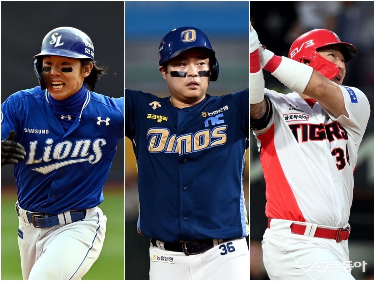 KBO 통산 출루율 1위의 LG 홍창기가 전열을 이탈한 가운데, 삼성 김성윤, NC 권희동, KIA 최형우(왼쪽부터) 등의 출루왕 경쟁이 흥미를 더하고 있다. 스포츠동아DB