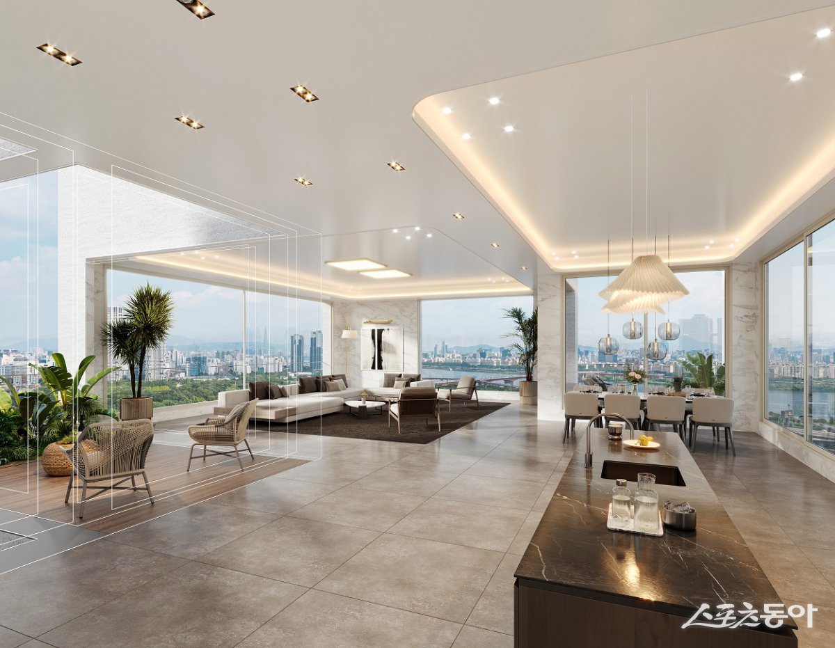 포스코이앤씨가 서울 용산 정비창전면 제1구역에 최첨단 AI 조망 설계와 특화평면, 최고급 창호 제공으로 한강을 한눈에 내려다 볼 수 있는 조망권을 갖춘 개방형 거실. 사진제공ㅣ포스코이앤씨