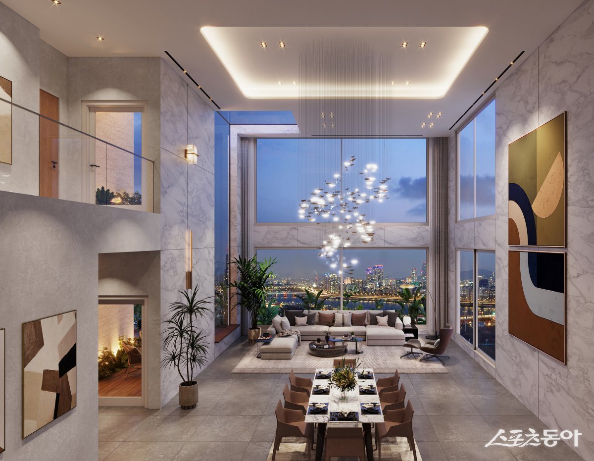 최대 5.2m의 천장고를 확보한 복층세대 실내 모습. 사진제공ㅣ포스코이앤씨