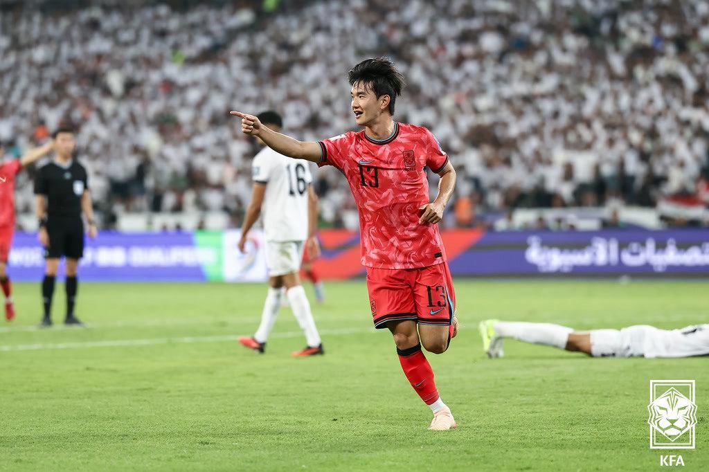 한국이 6일(한국시간) 이라크 바스라 인터내셔널 스타디움에서 열린 2026북중미월드컵 아시아 최종예선 B조 9차전 이라크와 원정경기에서 김진규와 오현규의 연속골에 힘입어 2-0 승리를 거뒀다. 후반 18분 선제골을 넣은 김진규. 사진제공｜대한축구협회