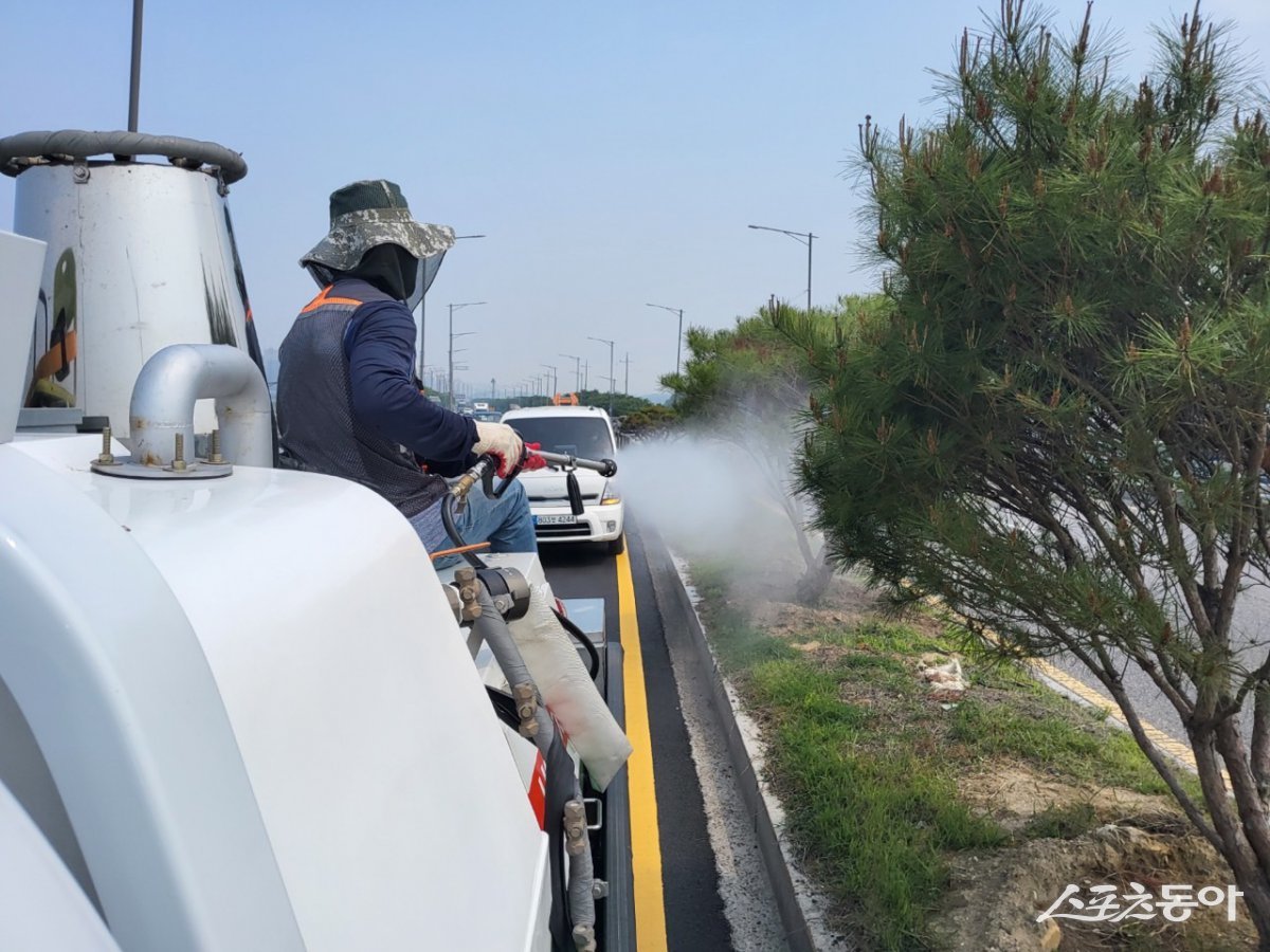 시흥시(시장 임병택)는 최근 이상기온 등 기후 변화로 인해 농림지와 생활권 내 병해충 확산이 우려됨에 따라, 6월 1일부터 8월 31일까지 산림병해충 예찰·방제대책본부를 운영한다(방제약제 살포 모습). 사진제공｜시흥시