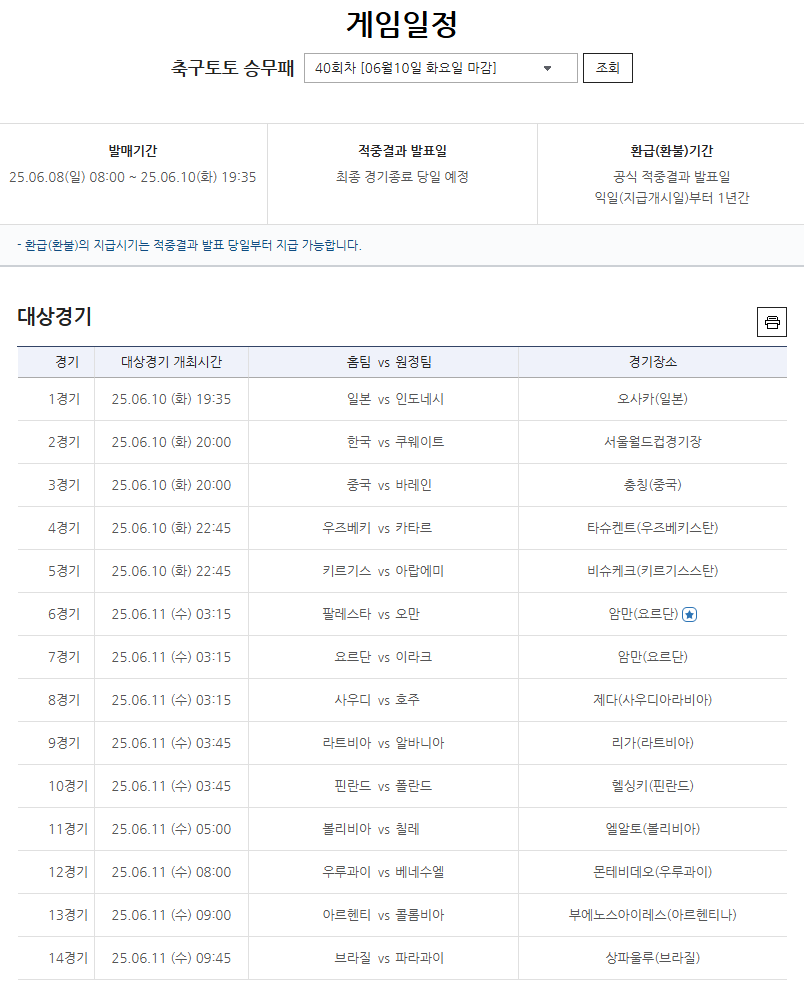 축구토토 승무패 40회차 대상경기.